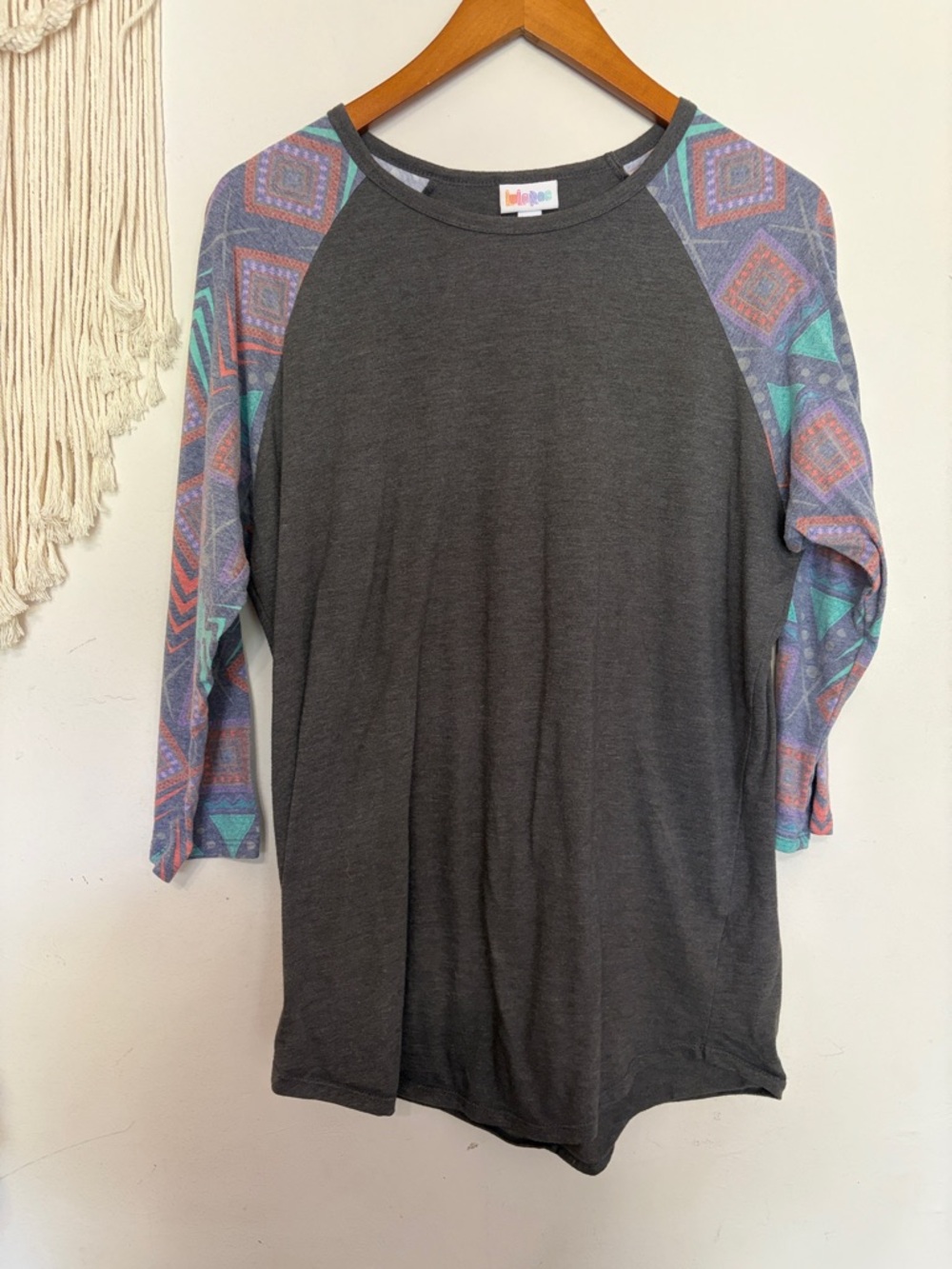 LuLaRoe Dark Gray Raglan Top with Mint & Coral Patterned Sleeves